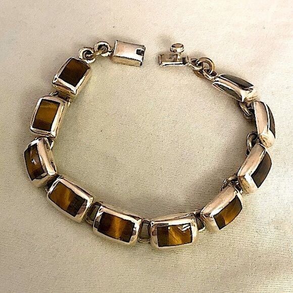 TAXCO Sterling Silver Tigers Eye Link Bracelet - Picture 2 of 7